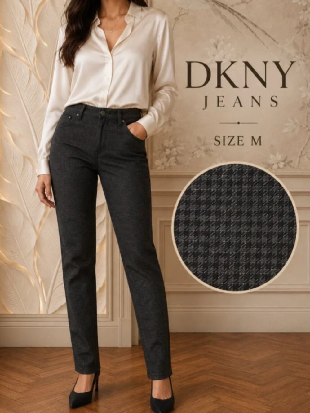 DKNY Jeans Charcoal Houndstooth Slim Straight Stretch Pants Sz XL